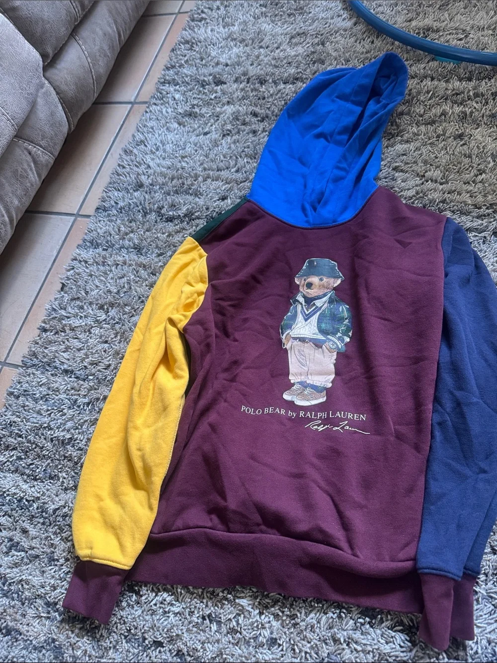 Ralph Lauren Colorblock Polo Bear Crewneck Hoodie - Burgundy, Blue, Yellow